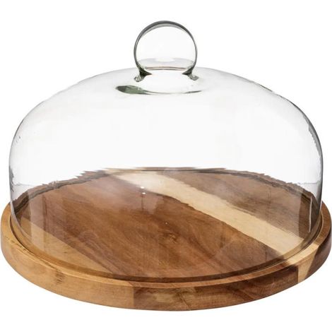 Cloche de table en verre avec plateau en acacia 28cm – Protection ronde marron – Pour service et présentation – Secret De Gourmet (1/3)