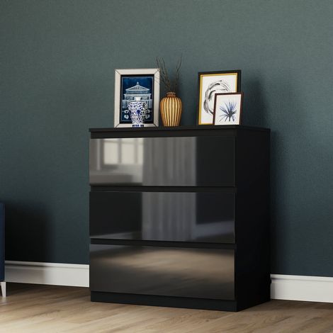 Home Discount – Commode 3 tiroirs haute brillance – Meuble de rangement pour chambre – MDF et panneau de particules – Dimensions H 77 x L 70 x P 40 cm – FSC 100% – Noir (1/5)