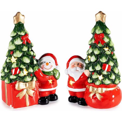 Alberi in terracotta con Babbo Natale e pupazzo di neve con luci LED, set da 2 pezzi, cm 8 x 5,5 x 13,5 H