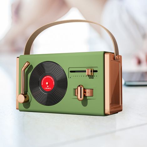 Enceinte Bluetooth rétro portable pour la maison et l'extérieur, avec caisson de basses, cadeau premium, style classique, lecteur de cartes et clé USB, vert forêt (1/5)