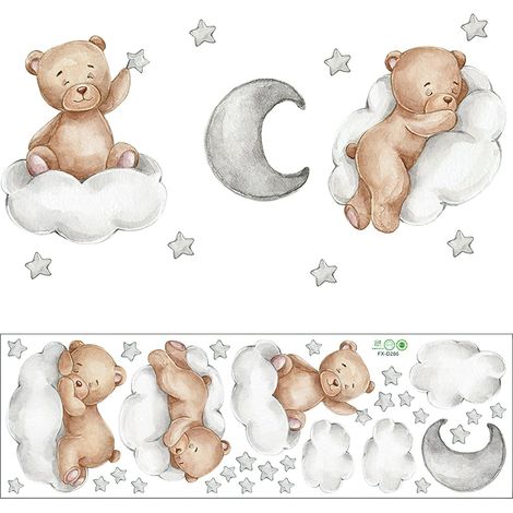 CCYKXA Tier-Wandaufkleber, Bär, Wolken, Mond und Sterne, abnehmbare Kunstaufkleber, Teddybär-Dekoration für Babyzimmer, Kinderzimmer, Wohnzimmer, Wände, Türen, Badezimmer, Fenster