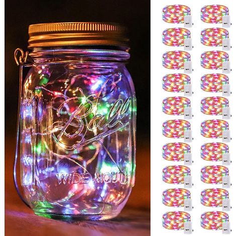 Guirnalda de luces LED multicolores (paquete de 20), 20 LED impermeables, 2 m, ideal para decorar tarros de cristal o para fiestas navideñas.