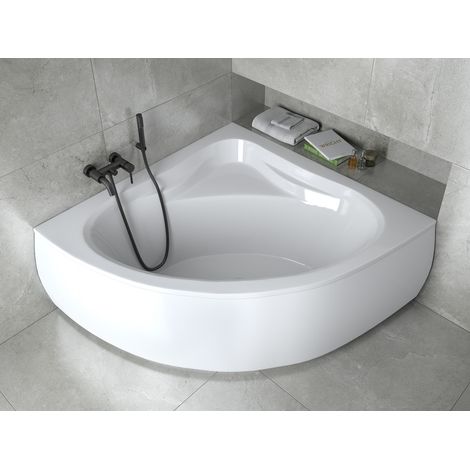ECOLAM Badewanne 140x140 cm Mia Eckbadewanne + Schürze Wanne mit Sitz Komplettset Ablauf in der Mitte Acrylwanne Ablaufgarnitur Füße Silikon