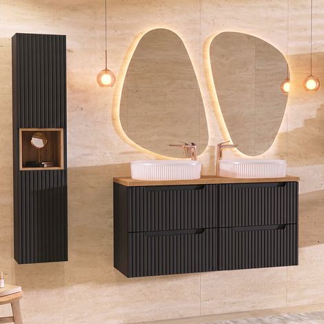 Petits-Meubles – Ensemble meuble double vasque 120cm – 4 tiroirs – Colonne Riva – Façade MDF 16mm – Plan en bois certifié FSC – Vasque céramique blanche (1/5)