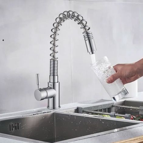 Robinet de cuisine Mitigeur évier chromé avec douchette un jet (1/3)