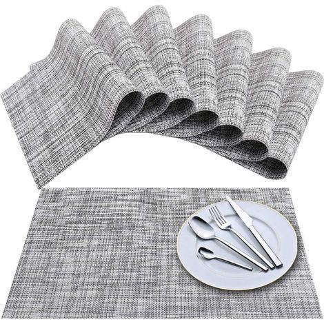 Manteles individuales (juego de 8), manteles individuales de vinilo tejido con trama cruzada, lavables, aislantes y antideslizantes - Gris y blanco (1/5)