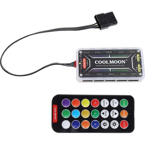 Hub de ventilateurs COOLMOON RGB pour boîtier PC avec contrôle musical, compatible avec la carte mère et multi-couleurs.