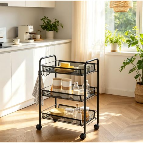 Chariot de rangement à roulettes à 3 niveaux en métal noir, paniers amovibles, 2 poignées et 4 roues dont 2 avec frein, 45 x 26,5 x 63 cm, compact CHICFURN (1/5)
