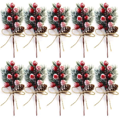 Lot de 10 tiges de Baies de Noël Rouges de 20 cm - Petits Pics et Sprays de Noël artificiels avec Pommes de pin, Houx, Baies de Noël, décorations de Fleurs pour couronnes de Noël