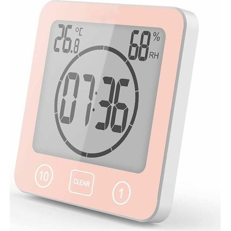 Bathroom Shower Clock, LCD Digital Alarm, Thermometer Hygrometer, Countdown Timer (Red) (1/4)