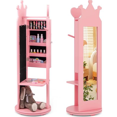 COSTWAY Armadio Portagioie per Bambini 36 x 36 x 112cm, Specchio da Terra a Forma di Corona con Ganci, Ripiani e Base Girevole, Toeletta per Cameretta (Rosa) (1/5)