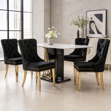 Sedia da pranzo in velluto nero, set da 4, gambe dorate in acciaio inox (1/5)
