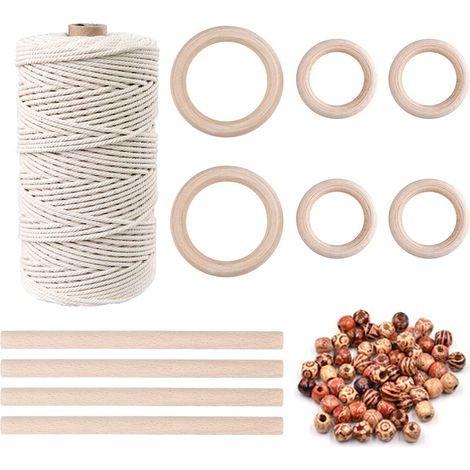 Corde macramé naturelle de 3 mm, 100 mètres avec perles en bois, anneaux et bâtonnets pour suspensions de plantes DIY (1/5)