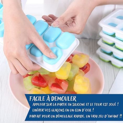 Bac à Glace - Empilable avec Couvercle - Silicone Flexible et Sans BPA - Passe au Lave-vaisselle - Lot de 4 (1/4)