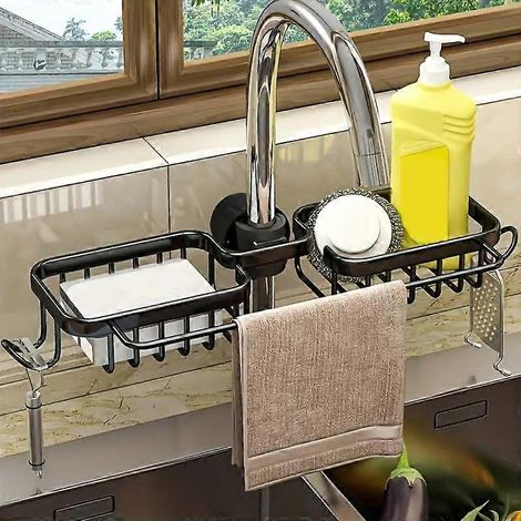 Stück innovativer Küchenorganizer, vielseitiges Spülbeckenregal aus Aluminium für Schwamm und Seife, schwarz (1/2)
