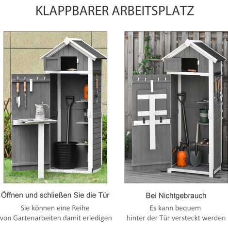 Armoire de jardin avec porte et toit, cabanon en bois gris, 78x52,5x182cm, parfait pour ranger vos outils et table pliante (1/5)
