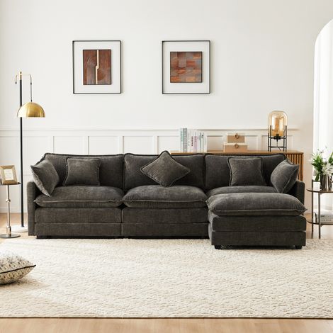 Sofá salón chaise longue de chenilla grande gris oscuro OKMYHOME (1/5)