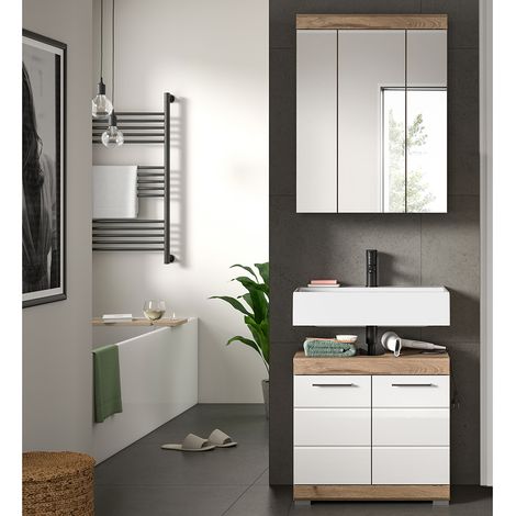 Badezimmer-Set 2-teilig in Eiche dunkel mit weiß Hochglanz, mit Spiegelschrank - SIROCO-158 (1/5)