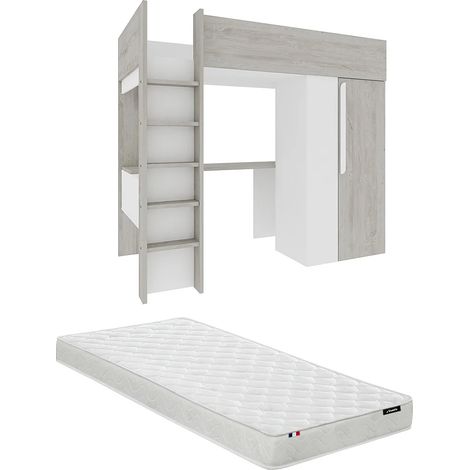Letto a soppalco 90 x 200 cm con armadio e scrivania Naturale Grigio e Bianco + Materasso - NICOLAS (1/5)