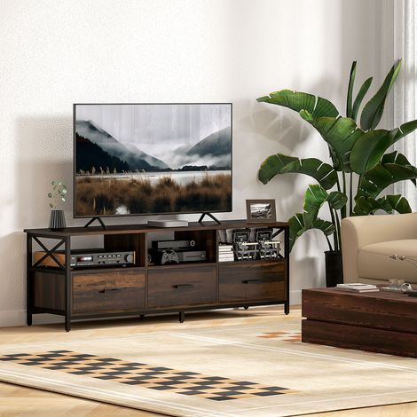 Meuble TV industriel avec 3 tiroirs et 3 étagères ouvertes, en bois et acier, 147 x 40 x 50 cm, noir et marron (1/5)