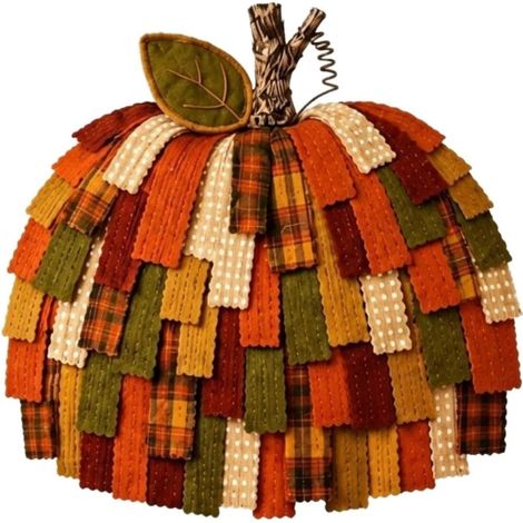 Couronne de citrouille en patchwork faite à la main en tissu rouge brunâtre pour décoration de porte d'automne pour récolte de ferme, Thanksgiving 68,5 x 61 cm (sans lumière) (1/5)