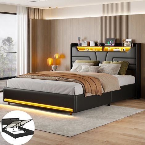 Lit coffre double 160 x 200 cm, Coffre de rangement, Chambre complete adulte avec LED et USB, Sommier à lattes, PU Noir,Sans matelas