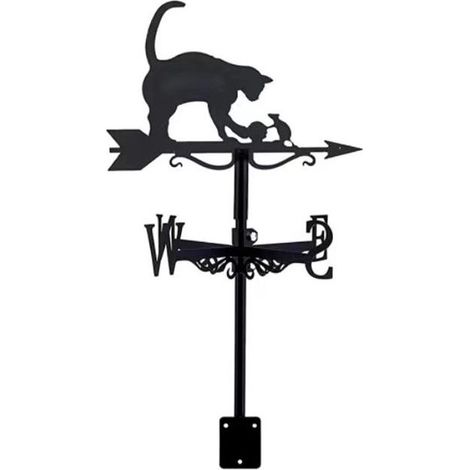 Girouette à planter ou à fixer motif "Chat et souris" , Indique la direction du vent : N - S - W - O, Déco jardin, Métal verni, Noir(Sans tige) (1/3)