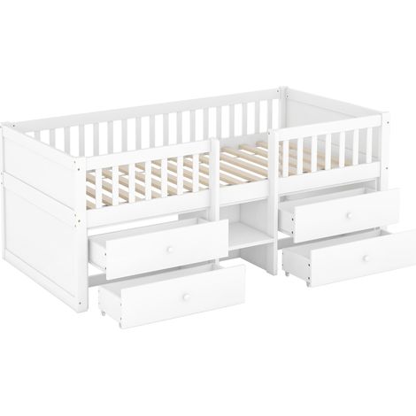 Cama semialta 90 x 200 cm blanca con 4 cajones, escalera y barreras, pino y MDF (1/5)