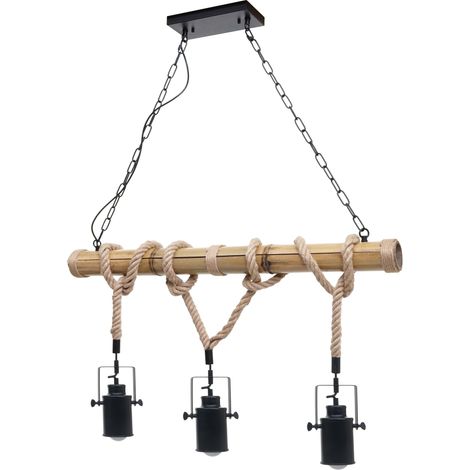 Lampe à suspension lustre corde de bambou vintage industrielle métal noir 3x abat-jour spot 040004047 (1/5)