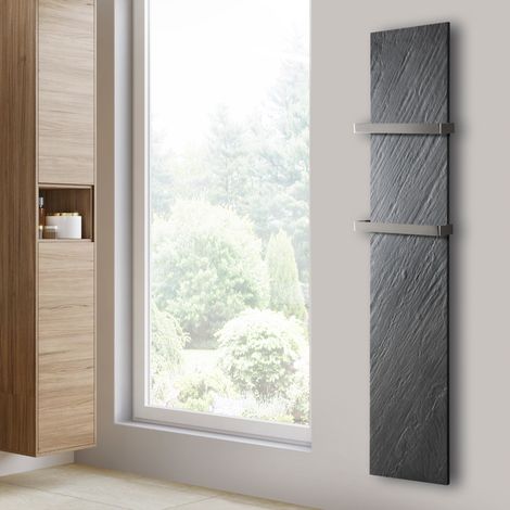 U-Tile – Radiateur électrique vertical 450W – Pierre naturelle graphite – 100 x 40 cm – Compatible avec barres sèche-serviette – Émission infrarouge (1/5)