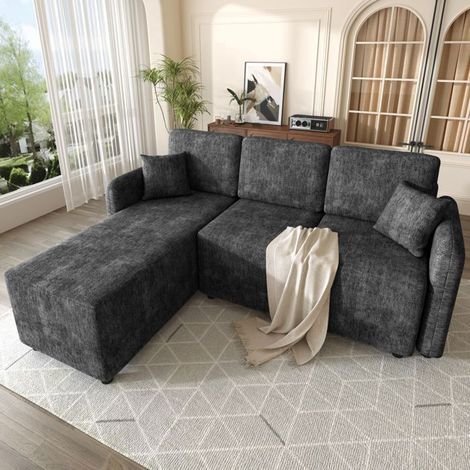 Canapé Modulable 197x144x83 cm Tissu Chenille Noir Premium - Canapé d'angle - 3 Places avec Longue Méridienne et 2 Coussins Inclus (1/5)