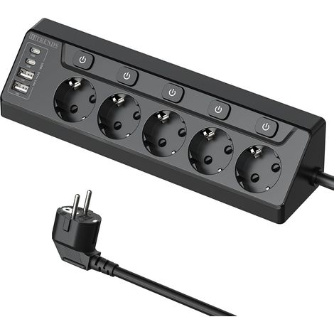 Multipresa angolare con 2 porte USB-A e 2 porte Type-C, 5 prese con interruttori individuali, 4 prese USB e una prolunga da 2 metri. Ideale per scrivanie e angoli. Colore nero. (1/5)