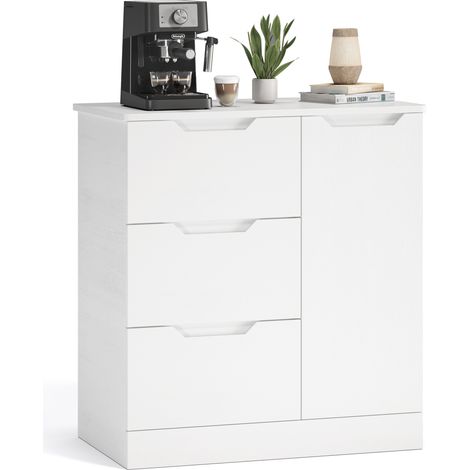 Küchen-Sideboard Bealife Kommode Weiß mit 1 Tür und 3 Schubladen für Wohnzimmer Flur Schlafzimmer 80 x 35 x 76 cm