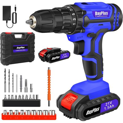 Perceuse / visseuse électrique sans fil 21V, équipée de 2 batteries, couple 45 nm, réglage du couple 25 + 1 vitesses, 2 vitesses, éclairage LED, 26 types d'accessoires et étui de transport, adaptés au (1/5)