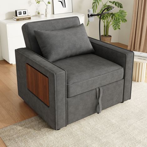Canapé-lit pliable 1 place convertible, inclinable, avec port USB et support téléphone, gain de place salon/chambre, velours côtelé gris (1/4)