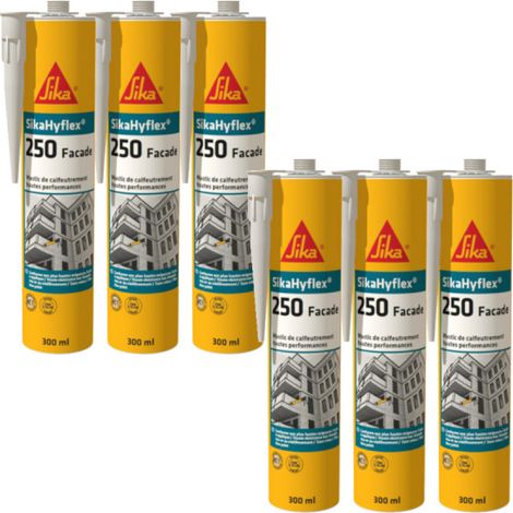 Lot de 6 mastics haute performance SIKA SikaHyflex 250 Façade - Gris béton - 300ml