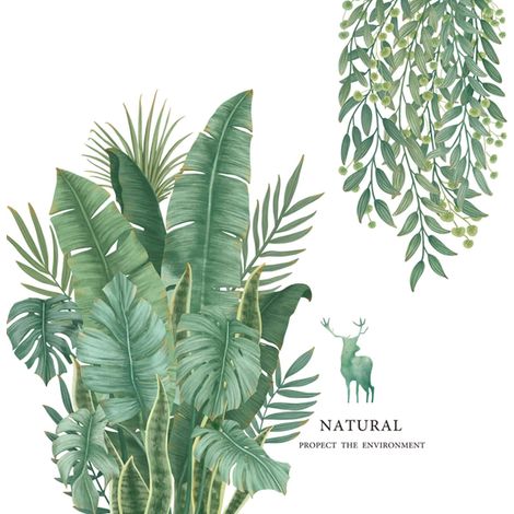Stickers muraux plantes vertes feuilles tropicales, repositionnables et imperméables, décoration murale adhésive à coller et décoller pour chambre, salon, bureau et maison (1/5)