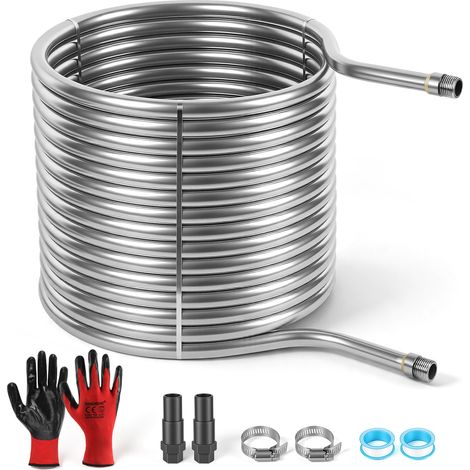 Randaco Serpentina riscaldante per piscina in acciaio inox, tubo continuo 15 m Ø17 mm, 15 spire, raccordi per tubi Ø32–38 mm (1/5)