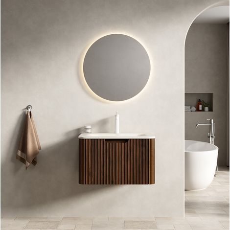 Mueble de baño con lavabo 60 cm mural, efecto travertino, beige y nogal (1/5)