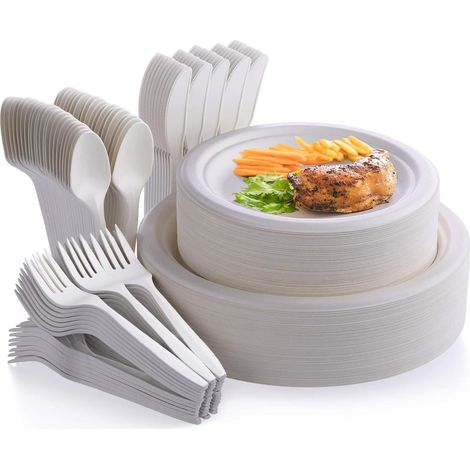 Ensemble de 250 pièces comprenant assiettes et couverts en papier compostable, couverts jetables biodégradables à long manche, vaisselle écologique (1/5)