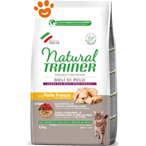 Natural Trainer Cat Adult Specialty Nutrition Boli di Pelo con Pollo Fresco - Sacco 1,5 Kg -