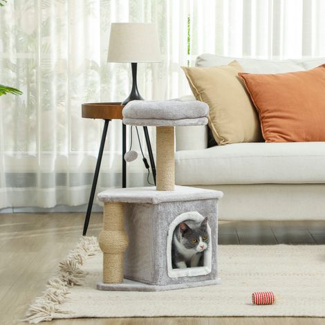 Katzenbaum, Spielturm für Katzen mit Kratzstämmen, Katzenbett und Katzenhaus, 42 x 30 x 66 cm, hellgrau