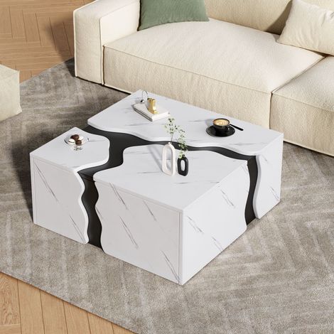 Couchtisch Quadratisch mit 1 Schublade, Marmoroptik, Wohnzimmer, 70 × 70 × 31 cm (1/5)