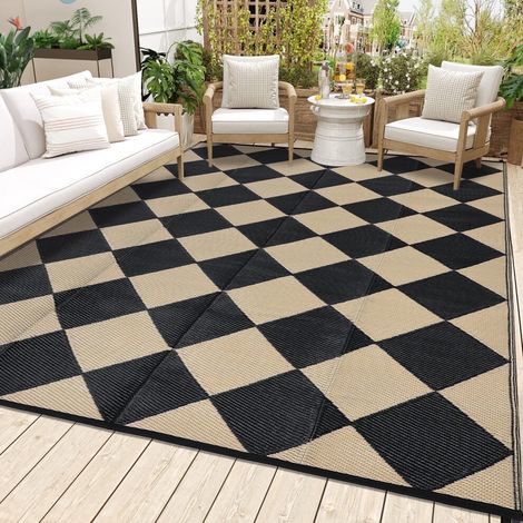 Tapis d'extérieur portable imperméable 9 x 12 pi, tapis géométrique moderne en plastique pour terrasse, camping, jardin, porche, avec sac de rangement, noir et café (1/5)