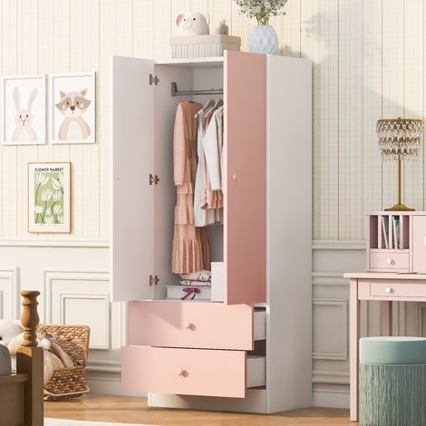 Armoire 1 porte 70 x 40 x 170 cm avec penderie et 2 tiroirs rose blanc OKWISH (1/5)
