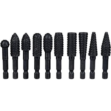 10Pcs Ensemble de Râpes Rotatives pour Fraises 6.35 mm Fraises Rotatives de Poignée Hexagonale en Acier Carbone Outil de Sculpture pour Sculpture sur Bois, Polissage Métaux, Gravure, Noir (1/5)