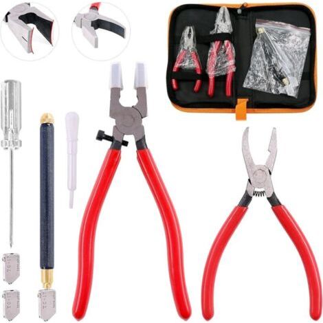 LAN Kit de 9 outils de coupe de verre avec pinces courbes et embouts en caoutchouc, coupe-verre à pointe en carbure rempli d'huile (1/4)