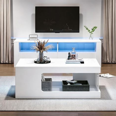 Table basse LED 100x50x35 cm blanc brillant design ajouré verre trempé grand rangement plateau glossy salon moderne chic design