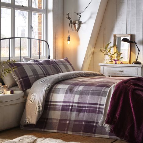 Housse de Couette hérisson à Carreaux Prune 140 x 200 cm 1 taie d'oreiller 100% Coton brossé Doux Design réversible Literie en Flanelle Violette avec hérissons (1/5)