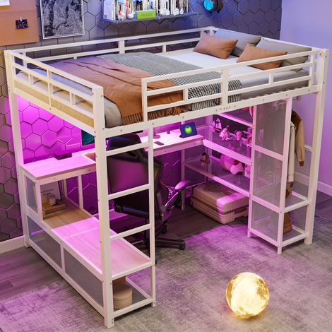 Lit mezzanine en métal 140x200 cm avec bureau, penderie ouverte et étagères, blanc (1/5)